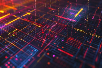 A vibrant, abstract image of neon lights and circuits creates a futuristic, techno-visual experience, evoking the complexity and interconnectedness of modern digital networks.