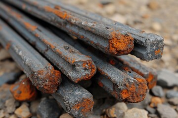 Rusty steel rods rest on the ground at a construction location