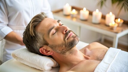Relaxed gentleman reclines in a serene spa environment, eyes closed, as a skilled aesthetician gently applies a soothing facial treatment to rejuvenate his skin.