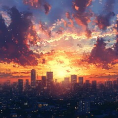 Obraz premium Enchanted anime-style City Skyline at Golden Hour: A Creative Marketing Concept Illustrating the Commuter's Journey,Anime-Style,illustration,Picture BooksFor Poster,Novel,UI,WEB,Game,Design,Abstract