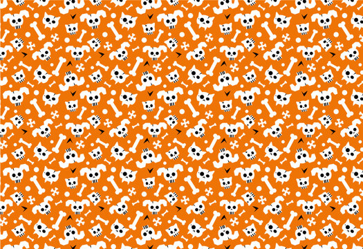 Fun Halloween Seamless pattern with  cat and dog skulls and bones on orange background. Cute simple flat pattern for textile, wrapping, wallpaper