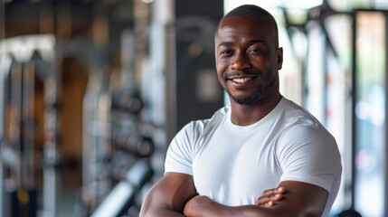Obraz premium An athletic man smiles confidently while standing in a gym setting