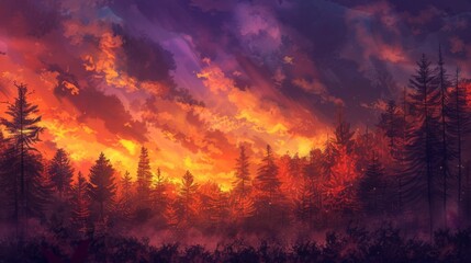 A vibrant sunset casts orange and purple hues over a forest engulfed in flames, creating a striking contrast against the darkening sky and silhouette of tall trees.