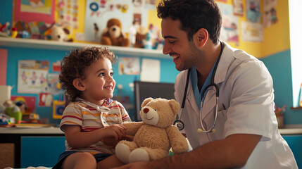 Pediatrician performing a checkup on a young child in a brightly decorated examination room