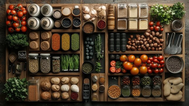 Artful Flat Lay of Gourmet Cooking Ingredients and Kitchen Tools