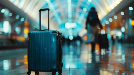 Naklejka premium Suitcase, travel bag in airport. Travel background illustration generated by ai