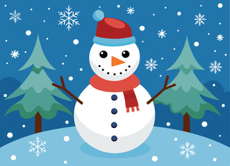 Merry christmas and happy new year card with snowman on blue background. vector illustration.