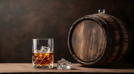 Vintage Whiskey Decanter,Oak Barrel,and Amber Liquid in Timeless Gentleman's Study