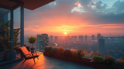 Fototapeta premium Stunning Urban Sunset View from Modern Balcony Overlooking City Skyline with Vibrant Colors and Relaxing Atmosphere