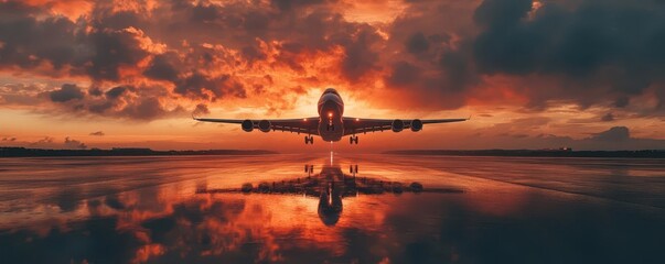 Naklejka premium Aircraft, liftoff, fiery sunset, reflective runway surface
