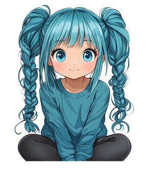 Chica de cabello azul con trenzas sonriente en un su&eacute;ter