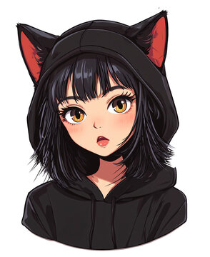 Chica con orejas de gato en sudadera negra, expresi&oacute;n intrigante y mirada cautivadora en un estilo animado y moderno