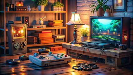 Retro gaming setup featuring a classic console, worn controller, and stacked cartridges amidst nostalgic memorabilia, surrounded by faded posters and warm, cozy lighting.