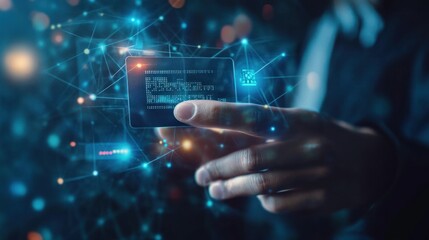 Hand Holding a Digital Chip with a Network of Blue Lines