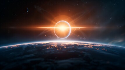 Obraz premium A brilliant sun rises over the Earth, illuminating the dark cosmos and sparkling stars