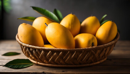 basket filled yellow mangoes arranged wooden background emphasize natural beauty tropical flavor