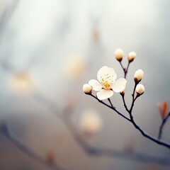 Delicate white blossom emerging on a branch in early spring light