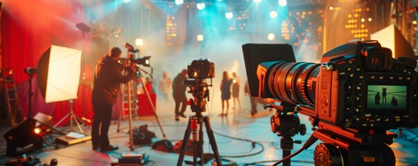 Entertainment and Media Industry: Show a movie scene with camera and actors. The foreground has a script and a stage.