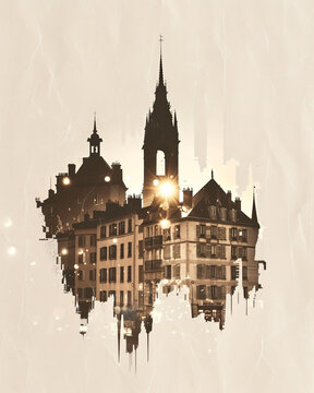 Grenoble Skyline Double Exposure Art Poster Beige - A building with a tower and a light post