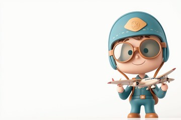 Smiling 3D Cartoon Pilot in Aviator Uniform Holding Model Airplane - Isolated White Background