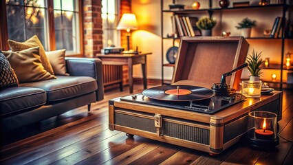 Retro vinyl record player with a black LP spinning on the turntable, surrounded by stacked albums and a warm, cozy living room atmosphere.