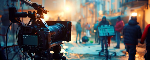 Entertainment and Media Industry: Show a movie scene with camera and actors. The foreground has a script and a stage.