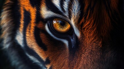 Close-up of a Tiger's Golden Eye and Striking Stripes