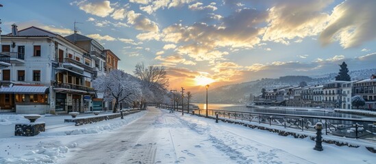 Snowy Town at Sunset