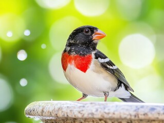 Fototapeta premium Colorful bird perched by a water dish on a bright sunny day in a lush garden