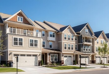 Obraz premium A row of modern townhouses with beige siding, blue shutters, and attached garages. The houses are set against a clear blue sky