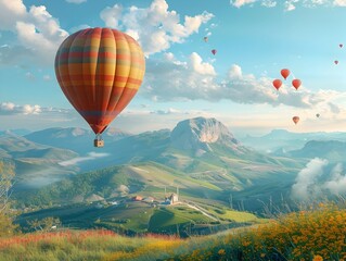 Fototapeta premium Colorful Hot Air Balloon Soaring Over Majestic Mountain Landscape