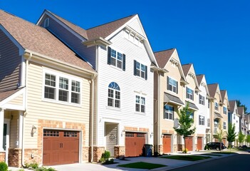 Obraz premium A row of modern townhouses with beige siding, blue shutters, and attached garages. The houses are set against a clear blue sky