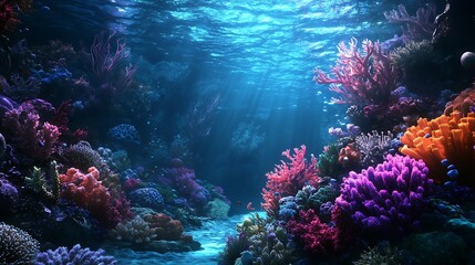 Vibrant Coral Reef Illuminated by Sunlight in Deep Blue Ocean