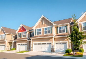 A row of modern townhouses with beige siding, blue shutters, and attached garages. The houses are set against a clear blue sky
