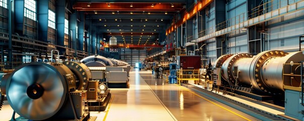 Obraz premium Utilities Industry (Electricity, Water, Sanitation): Show a power plant with turbines and generators. Foreground includes control panels and safety equipment. 
