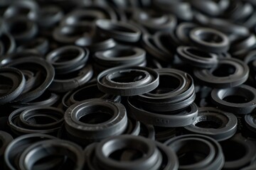 Obraz premium A monochromatic pile of black rubber gaskets, creating a repetitive pattern with varying textures and shapes, symbolizing industrial uniformity.