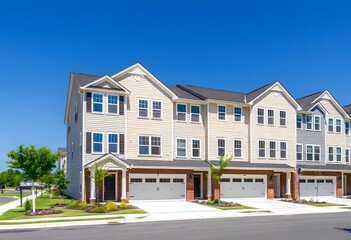 Obraz premium A row of modern townhouses with beige siding, blue shutters, and attached garages. The houses are set against a clear blue sky
