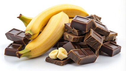 Rich, velvety chocolate chunk and sliced banana, perfectly arranged on a white background, creating a tempting and appetizing still-life composition.
