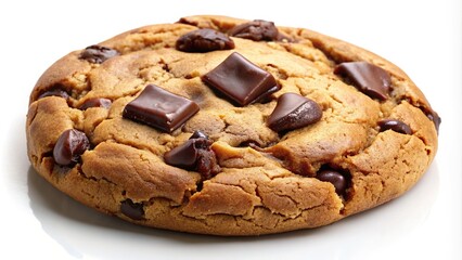 Rich, velvety chocolate chunk cookie, fresh from the oven, sits alone on a crisp white background, tempting the viewer with its warm, gooey goodness.