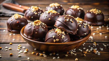 Rich, velvety chocolate coating surrounds creamy cookie dough balls, sprinkled with sea salt and chopped nuts, on a rustic wooden background.