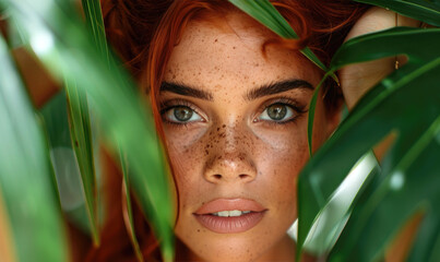 Young Woman Model with Red Hair and Freckles Posing in Green Jungle Leaves: Close-Up Detail