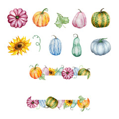 Watercolor autumn frame with pumpkins and fall leaves