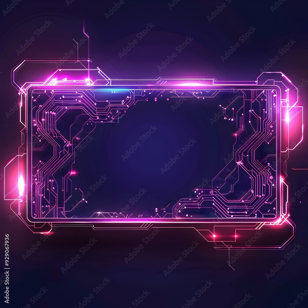 Poster futuristic technological frame with glowing digital circuit patterns and geometric elements