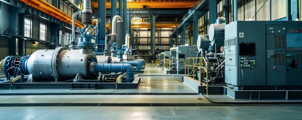 Utilities Industry (Electricity, Water, Sanitation): Show a power plant with turbines and generators. Foreground includes control panels and safety equipment. 