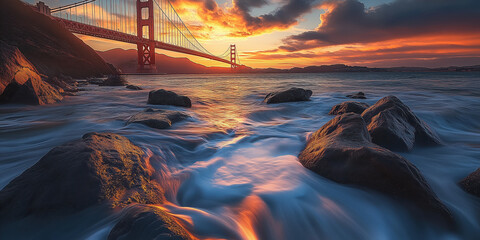 Golden Gate Bridge at Sunset with Rocky Shoreline. The iconic Golden Gate Bridge is illuminated by a fiery sunset, with waves crashing against the rocky shoreline beneath.