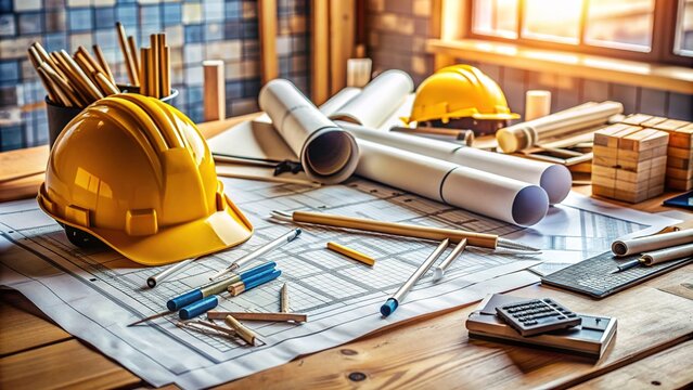 Rolled blueprints and architectural drawings scattered on a cluttered table at a busy construction site, surrounded by hard hats, tools, and building materials.