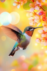 Fototapeta premium Hummingbird dances among colorful blossoms in a vibrant spring garden
