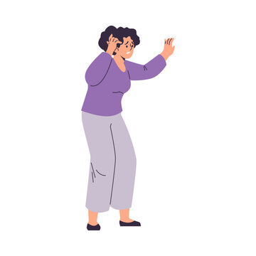 Woman standing and feeling dizziness and weakness, shaking by epilepsy seizure symptom, fainting disease flat vector