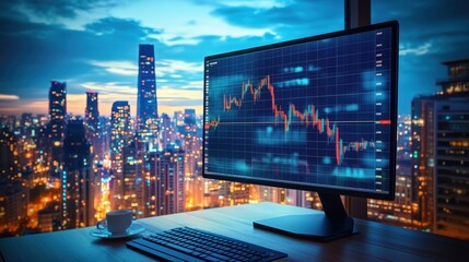 Stock Market Chart Displayed on Monitor Over Cityscape. Stock market chart is displayed on a computer monitor in a modern office, with a vibrant cityscape at twilight in the background.