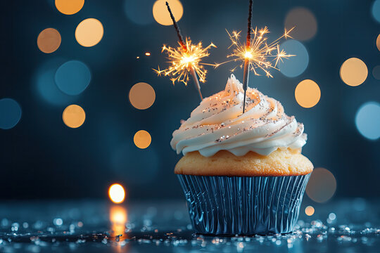 Festive cupcake with cream and sparkler on blue background with bokeh effect